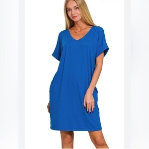 Zenana Premium V-Neck Tee Dress I Sz Small I Royal Blue I EUC